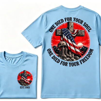 Only Dead Fish Follow Orders Only God For Your Freedom EST.Year  Patriotic Cross Veteran USA Flag T-Shirt