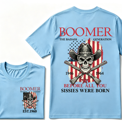 Boomer The Badass Generation 1946-1964 Cowboy Skull USA Flag T-Shirt EST.Year Vintage Patriotic Graphic Tee