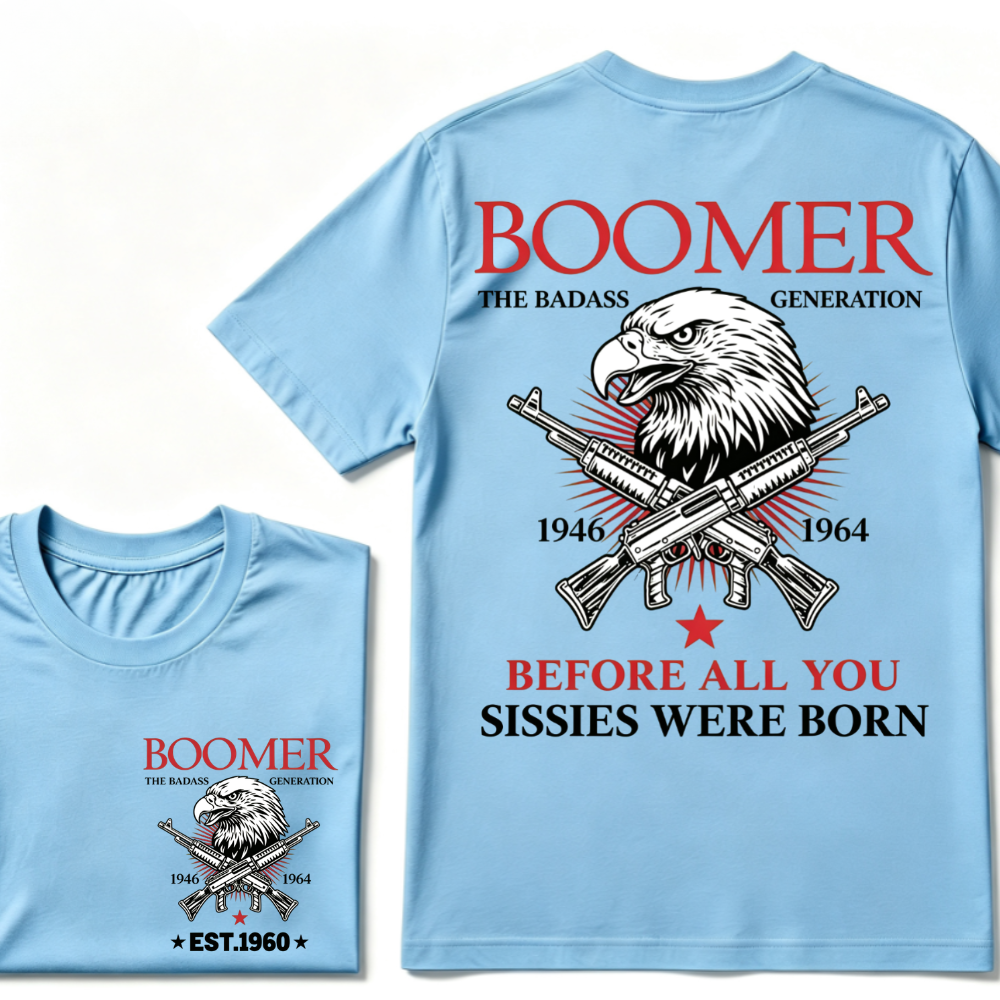 Boomer The Badass Generation 1946-1964 Eagle Crossed Guns Patriotic T-Shirt EST.Year Vintage Boomer Graphic Tee
