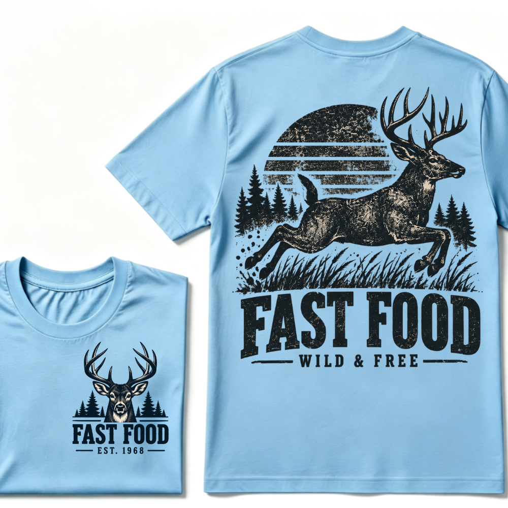 Fast Food Wild & Free Deer Hunting T-Shirt EST.Year Vintage Buck Hunter Forest Graphic Tee