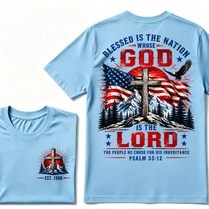 Blessed Is The Nation Whose God Is The Lord Psalm 33:12 EST.Year Patriotic Christian USA Flag EagleT-Shirt