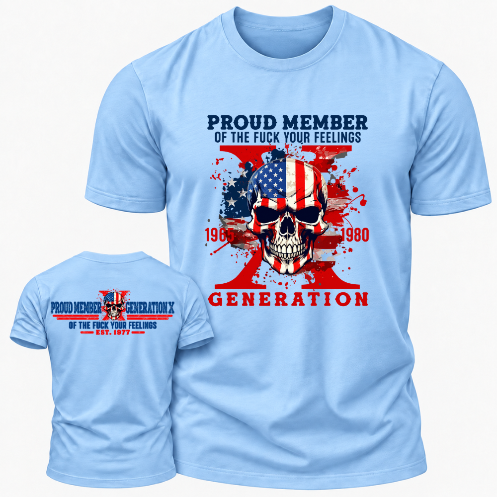 Proud Member Generation X 1965‑1980 American Flag Skull Double Sided Print T‑Shirt Retro Gen X EST.Year Patriotic Graphic Tee