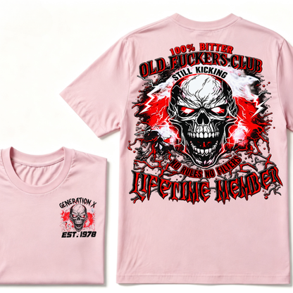 Generation X Skull Graphic Tee – 100% Bitter Old Fuckers Club Lifetime Member T-Shirt