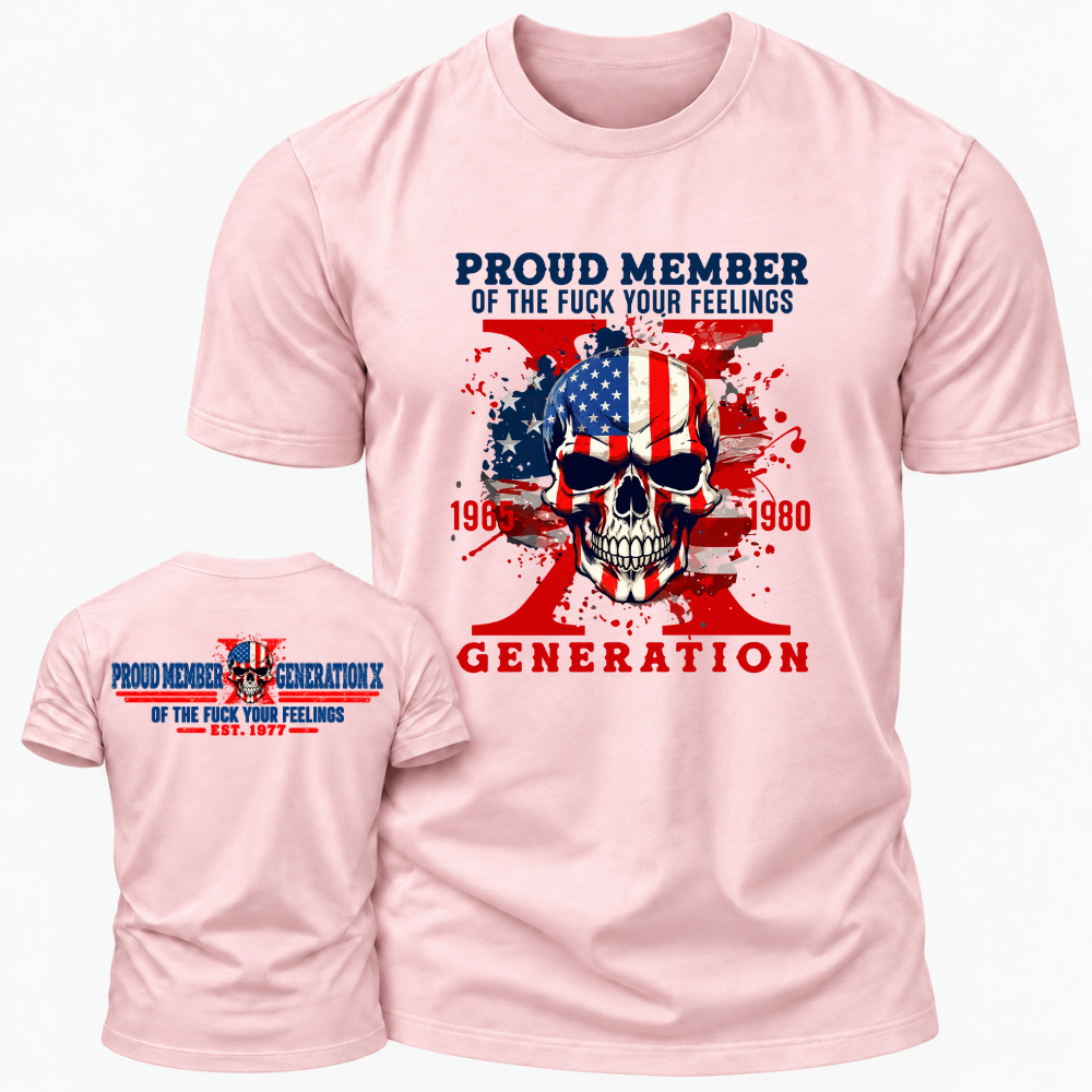Proud Member Generation X 1965‑1980 American Flag Skull Double Sided Print T‑Shirt Retro Gen X EST.Year Patriotic Graphic Tee