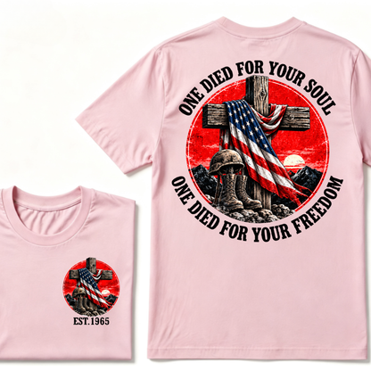 Only Dead Fish Follow Orders Only God For Your Freedom EST.Year  Patriotic Cross Veteran USA Flag T-Shirt