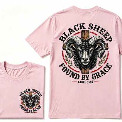 Black Sheep Found By Grace Luke 15：4 Custom EST.Year Ram Head Cross Christian Graphic T-Shirt