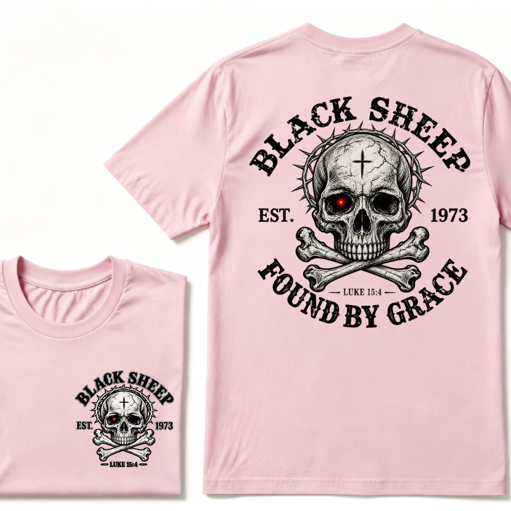 Black Sheep Found By Grace EST.Year Luke 15:4 Skull Crossbone Crown of Thorns Christian Custom Your Year T-Shirt
