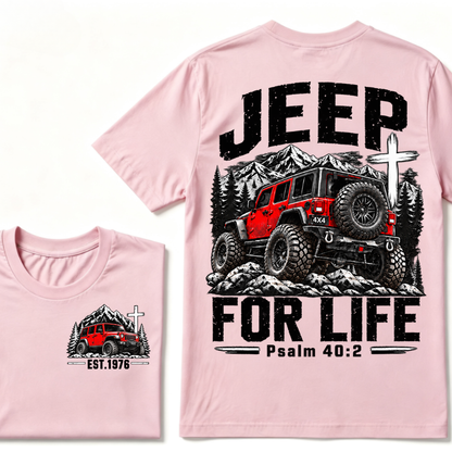 Jeep For Life Psalm 40:2 Offroad 4x4 Mountain EST.Year Front And Back Print T-Shirt, Christian Jeep Lover Graphic Tee