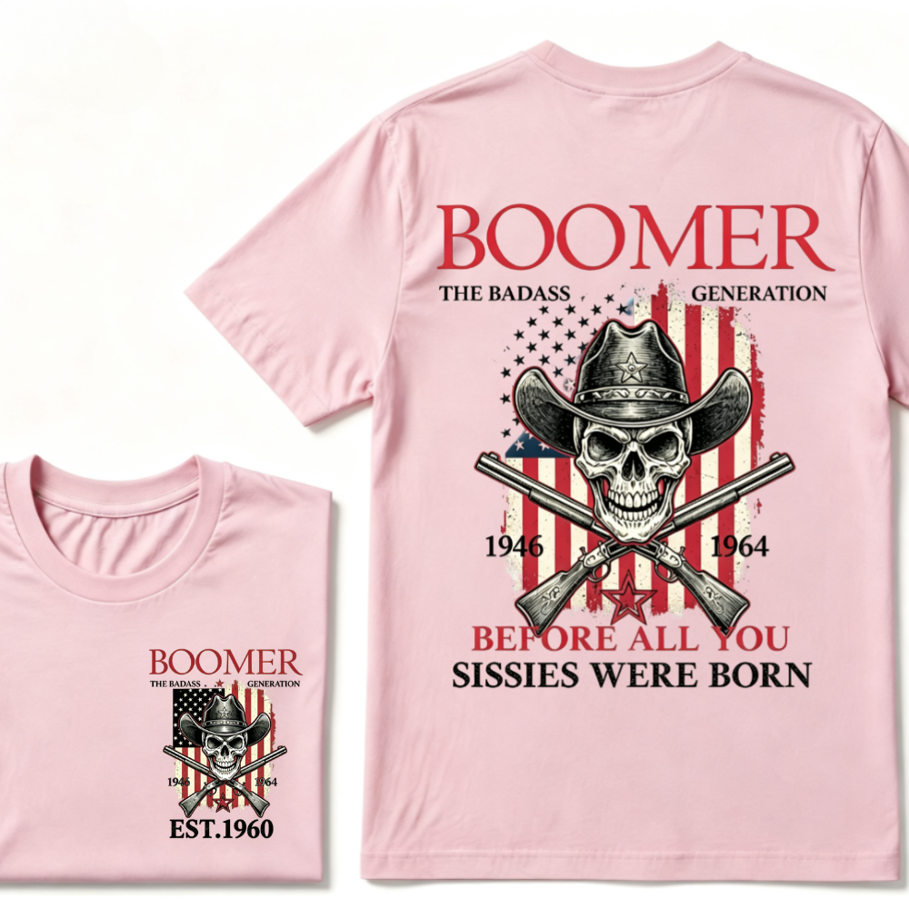 Boomer The Badass Generation 1946-1964 Cowboy Skull USA Flag T-Shirt EST.Year Vintage Patriotic Graphic Tee
