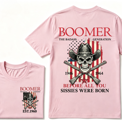 Boomer The Badass Generation 1946-1964 Cowboy Skull USA Flag T-Shirt EST.Year Vintage Patriotic Graphic Tee