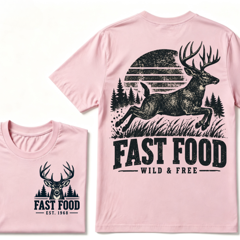 Fast Food Wild & Free Deer Hunting T-Shirt EST.Year Vintage Buck Hunter Forest Graphic Tee