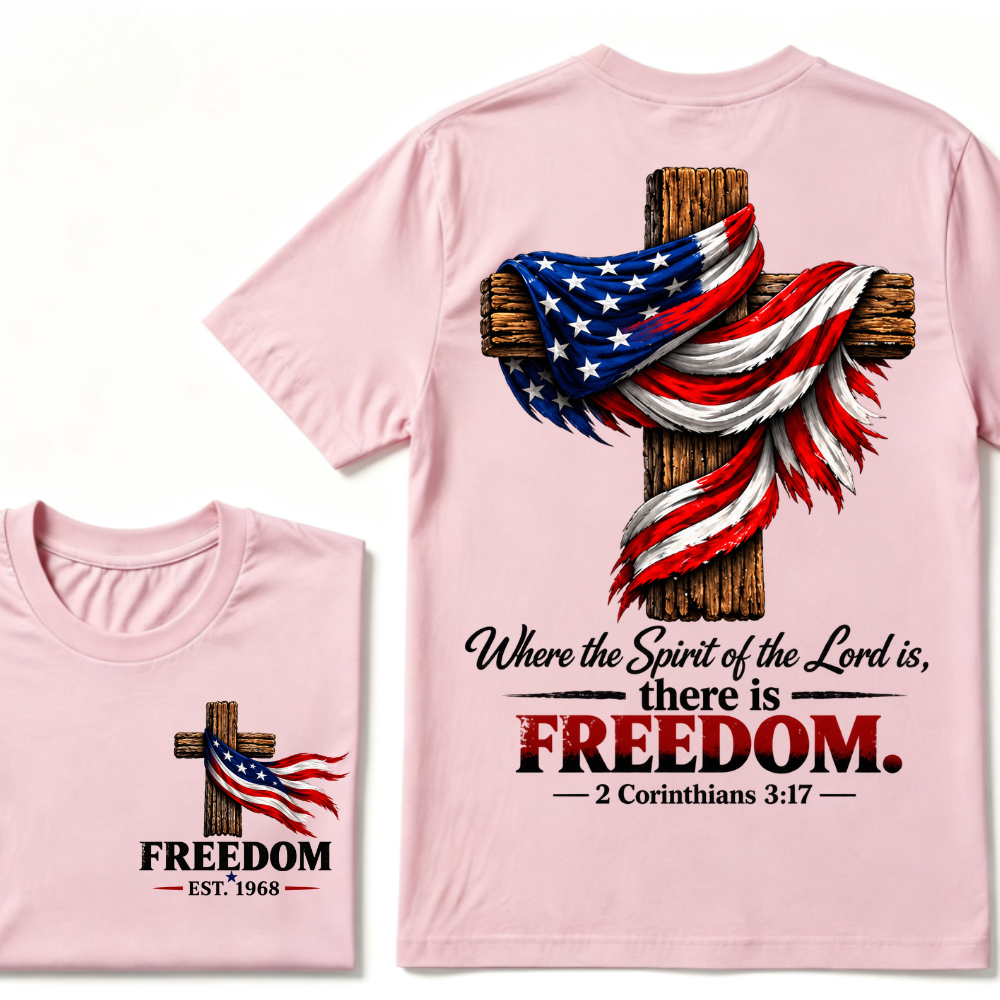 Patriotic USA Flag Cross Christian T Shirt Where the Spirit of the Lord is there is Freedom Bible Verse EST.Year Faith Tee