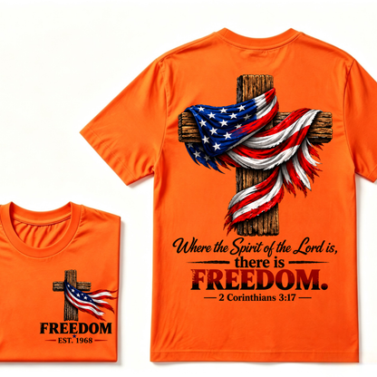 Patriotic USA Flag Cross Christian T Shirt Where the Spirit of the Lord is there is Freedom Bible Verse EST.Year Faith Tee