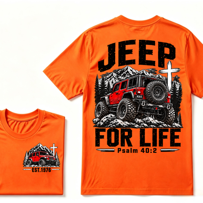 Jeep For Life Psalm 40:2 Offroad 4x4 Mountain EST.Year Front And Back Print T-Shirt, Christian Jeep Lover Graphic Tee