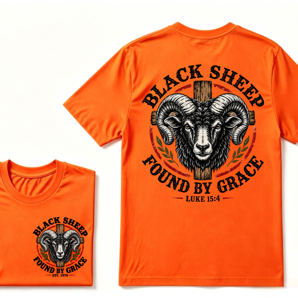 Black Sheep Found By Grace Luke 15：4 Custom EST.Year Ram Head Cross Christian Graphic T-Shirt