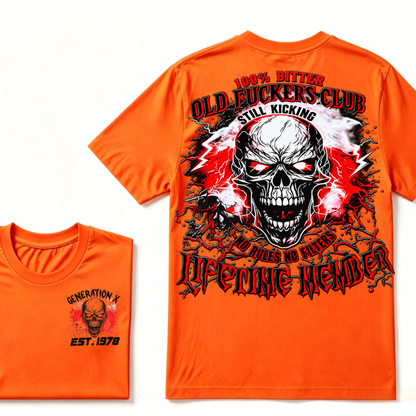 Generation X Skull Graphic Tee – 100% Bitter Old Fuckers Club Lifetime Member T-Shirt