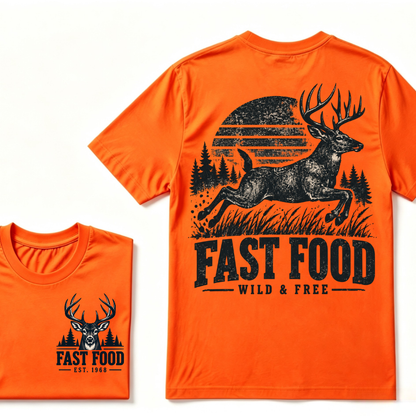 Fast Food Wild & Free Deer Hunting T-Shirt EST.Year Vintage Buck Hunter Forest Graphic Tee