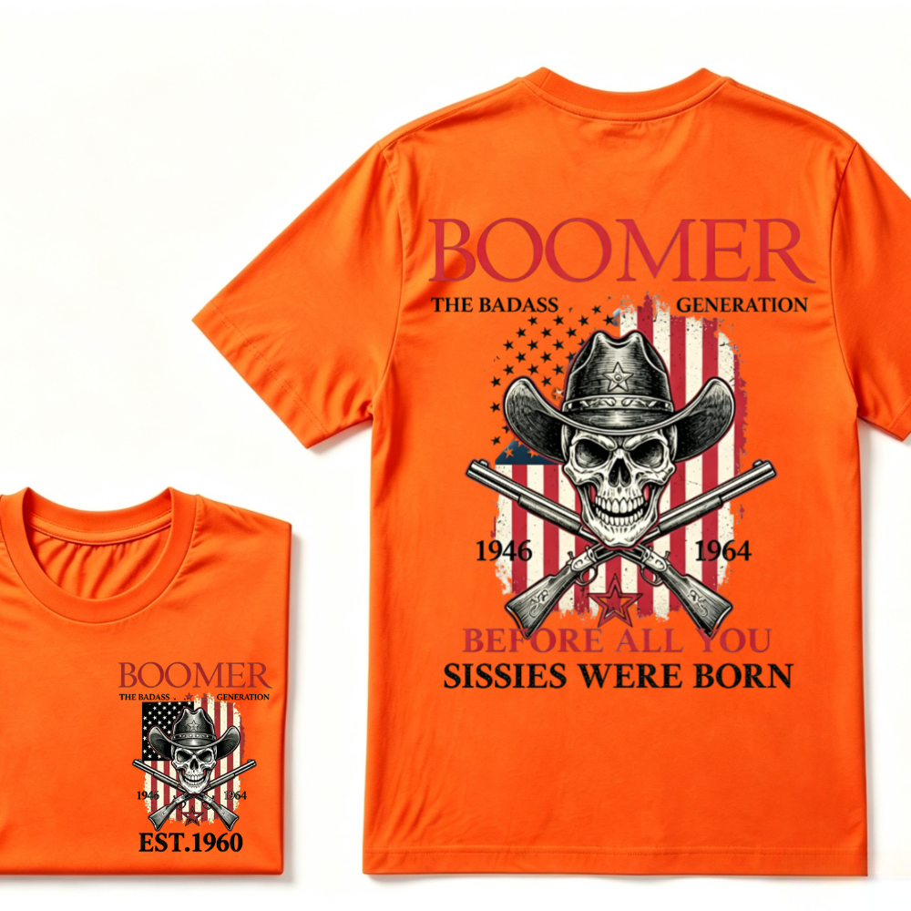 Boomer The Badass Generation 1946-1964 Cowboy Skull USA Flag T-Shirt EST.Year Vintage Patriotic Graphic Tee