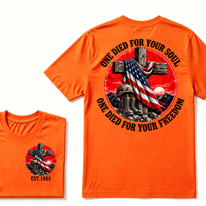 Only Dead Fish Follow Orders Only God For Your Freedom EST.Year  Patriotic Cross Veteran USA Flag T-Shirt