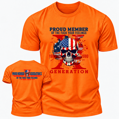 Proud Member Generation X 1965‑1980 American Flag Skull Double Sided Print T‑Shirt Retro Gen X EST.Year Patriotic Graphic Tee