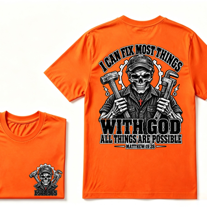 I Can Fix Most Things With God All Things Are Possible Matthew 19:26 Mechanic Skull Double Sided T-Shirt