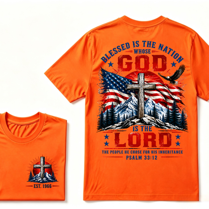 Blessed Is The Nation Whose God Is The Lord Psalm 33:12 EST.Year Patriotic Christian USA Flag EagleT-Shirt