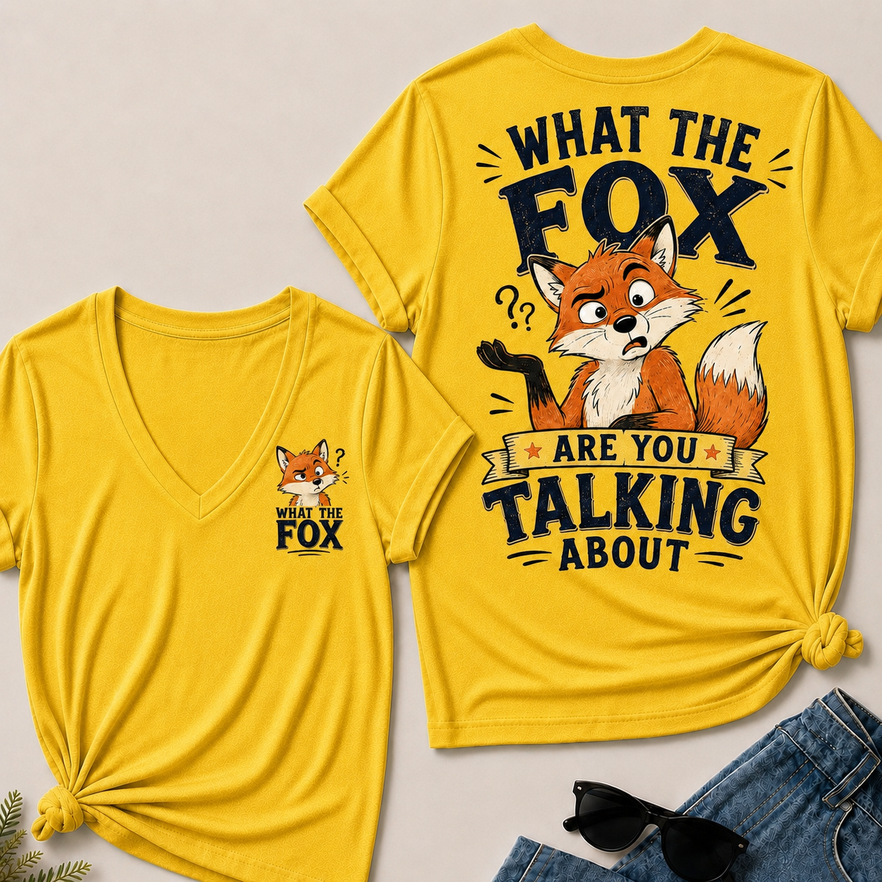 "What The Fox" Confused Shrug V-Neck Tee