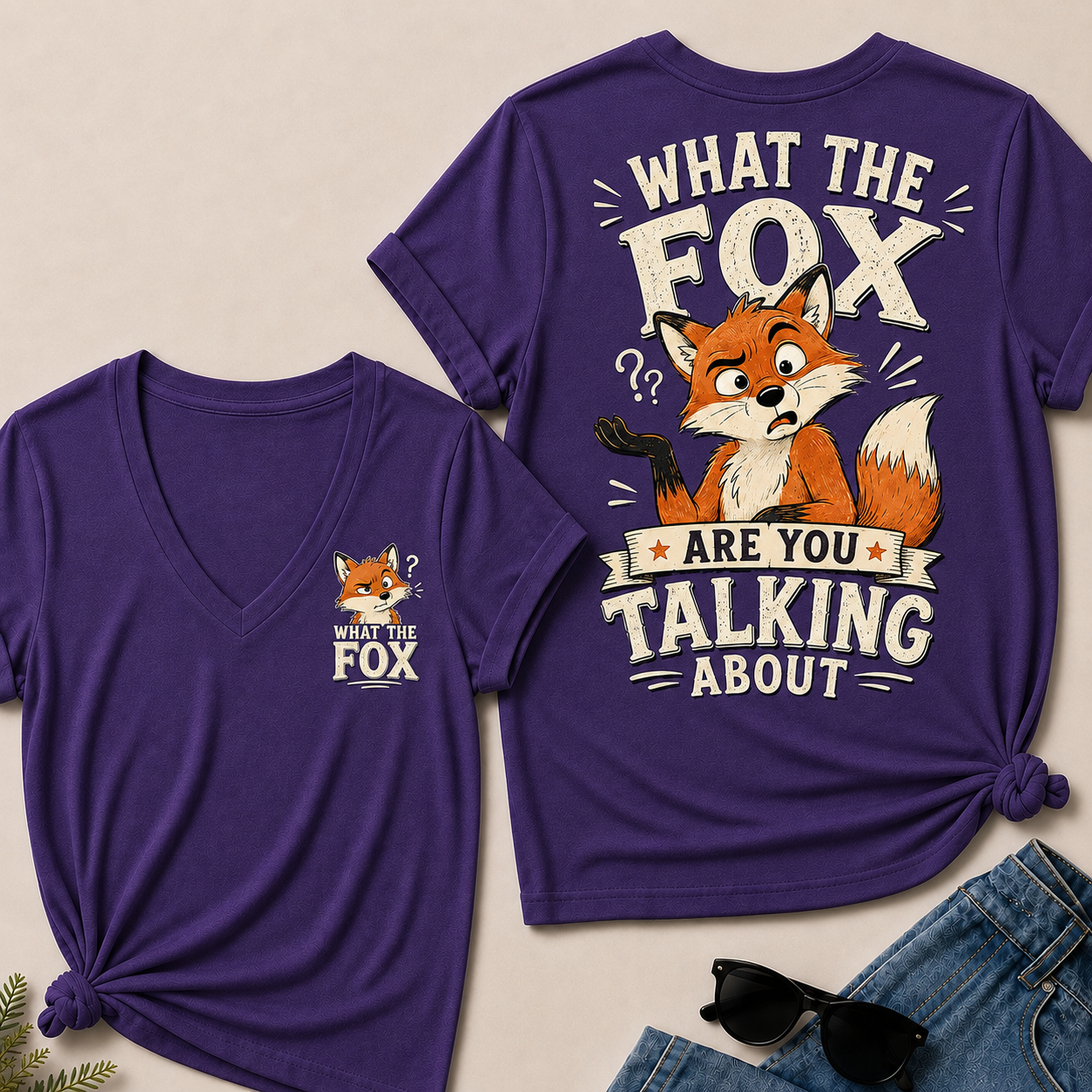 "What The Fox" Confused Shrug V-Neck Tee